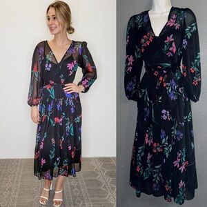Calvin Klein Black Floral Midi Dress with Pink, Purple & Teal Print
